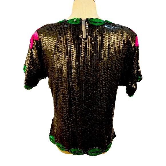 Vintage Sequin and Beaded Top, Black sequin with Hot Pink Flowers, Kelly Green - Picture 6 of 10
